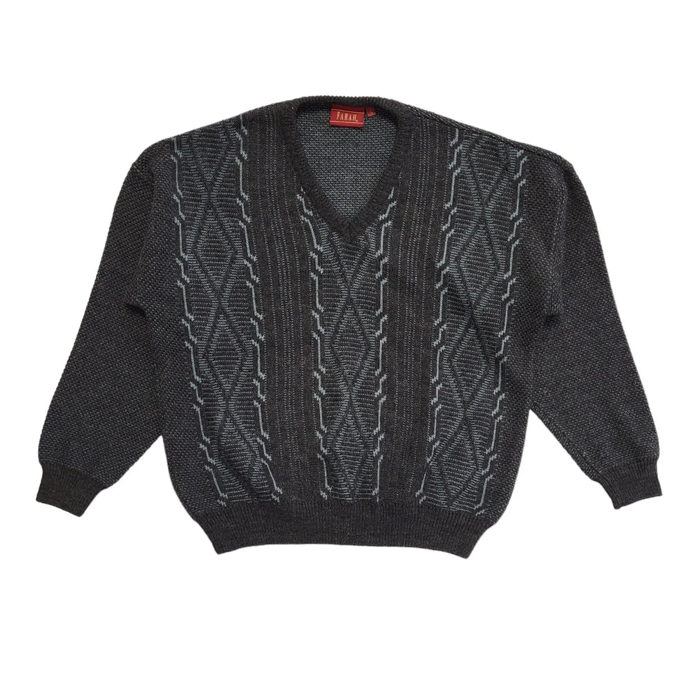 Farah Vintage 80's Grey & Blue V-Neck Long Sleeve Jumper Mens UK L