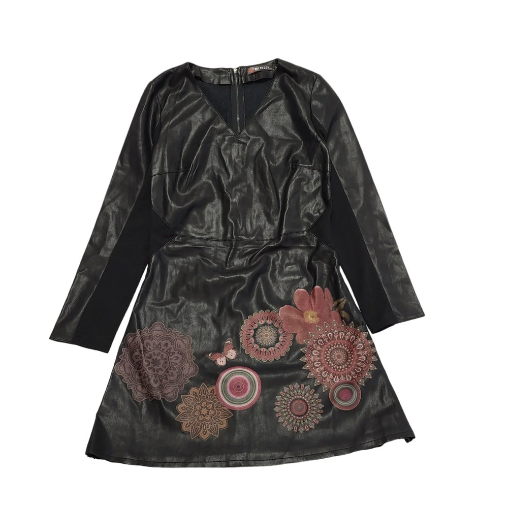 101 Idees Black Long Sleeve Floral Faux Leather Dress UK Women's M/L DD436