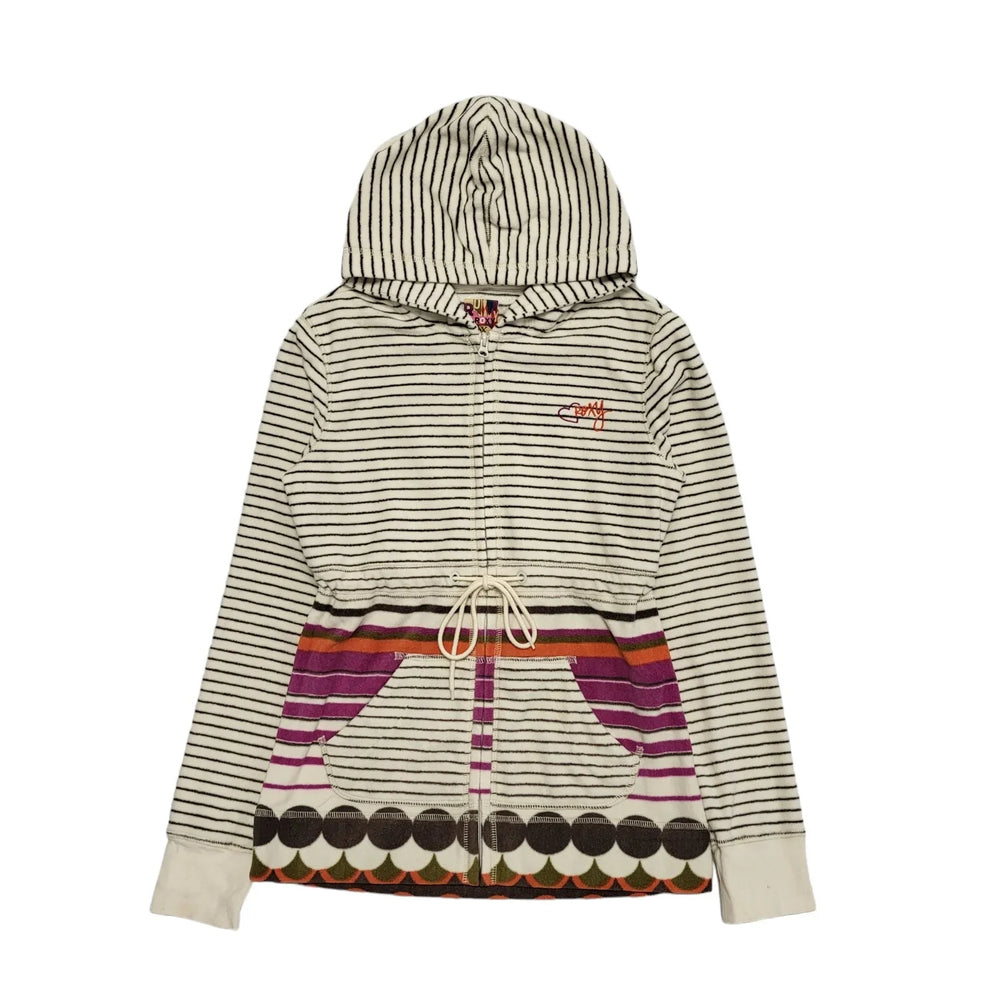 Roxy Vintage Y2K Hooded Fleece Beige Striped Full Zip Womens UK Large