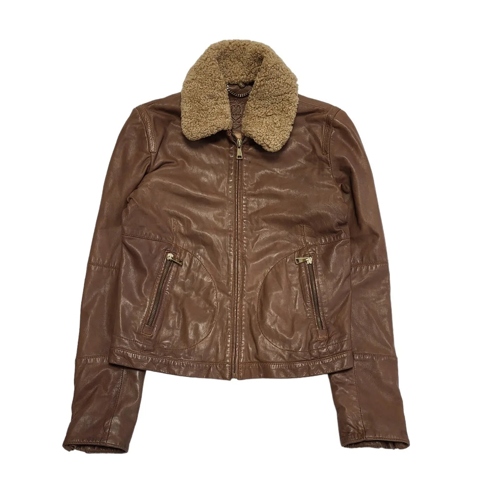 Y2K Brown Zip Up Fur Collared Leather Jacket Women's Size Small