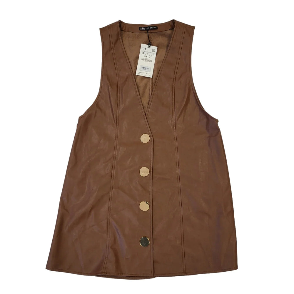 Zara Brown Faux Leather Button Waistcoat Uk Women's Small Bnwt BB200