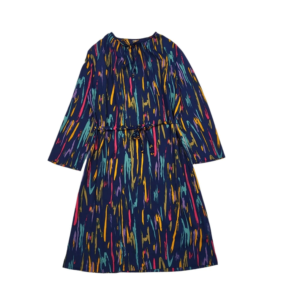 70s Vintage Navy, Blue, Yellow & Pink Tied Waist Shift Dress Women's 16/18