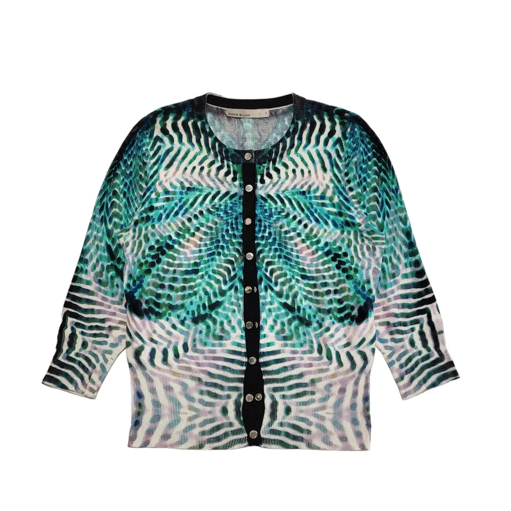 Karen Miller Cardigan Green, White & Black Button Up Womens UK 8 (usa 4) CC19