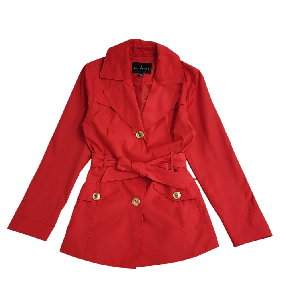 London Fog Red Button Front Belted Coat 90s UK Women's Size M