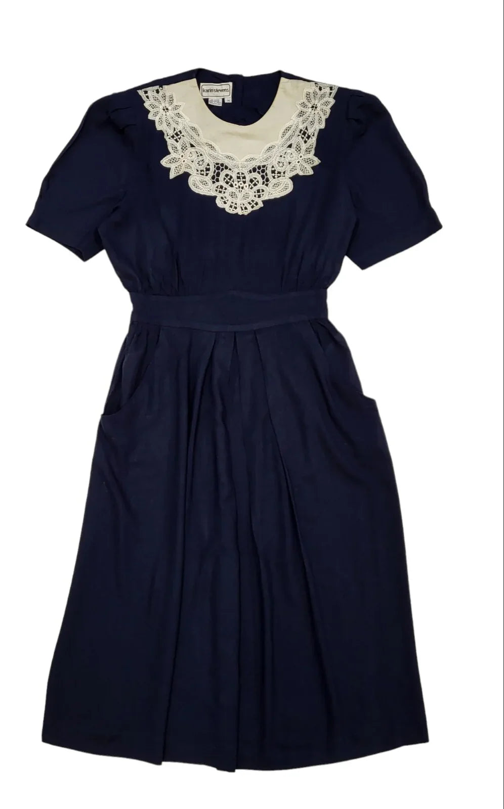 80s Vintage Karin Stevens Navy Lace Trim Dress Women's Size M