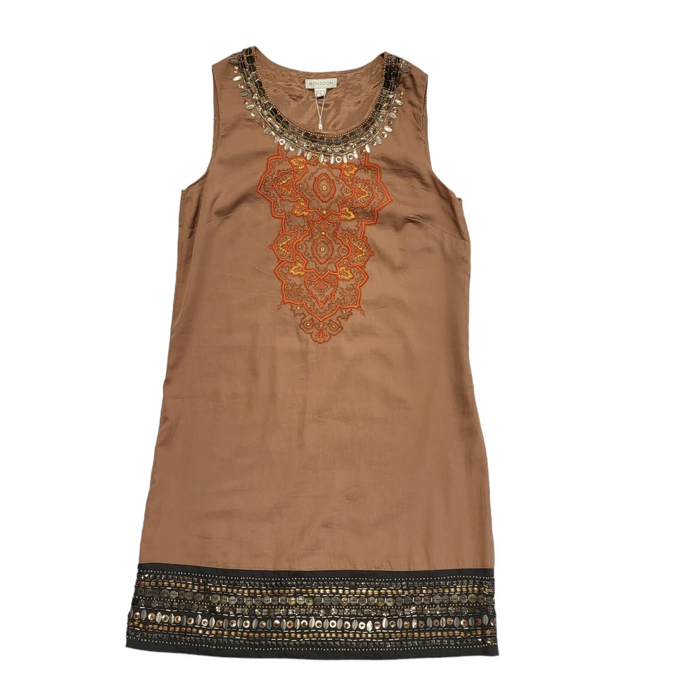 Monsoon Brown Beading & Embroidered Shift Dress UK Women's L 12 BNWT CC418