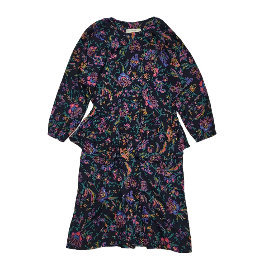 St Michael 70s Vintage ONavy Purple Peplum Buttoned Long Sleeve Dress Women's 14
