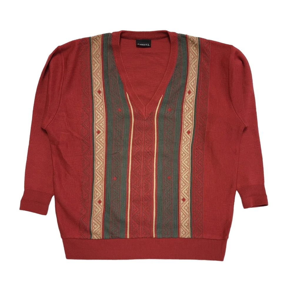 Gabicci Vintage 80s Red Green Striped V-Neck Jumper Men's UK 2XL