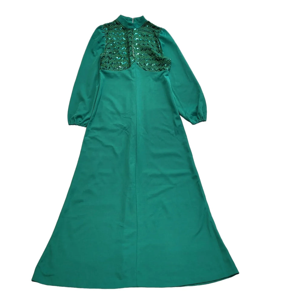 Vintage 70's Green Zip Evening Sequin A-Line Dress Uk Women's Size 14