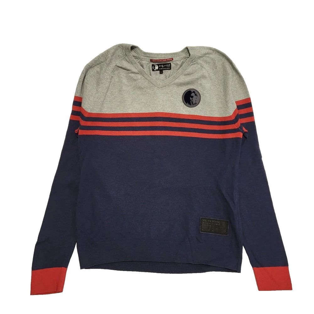 Andy Warhol Grey Blue Long Sleeve V-Neck Casual Jumper Men's UK L EU 54 K303