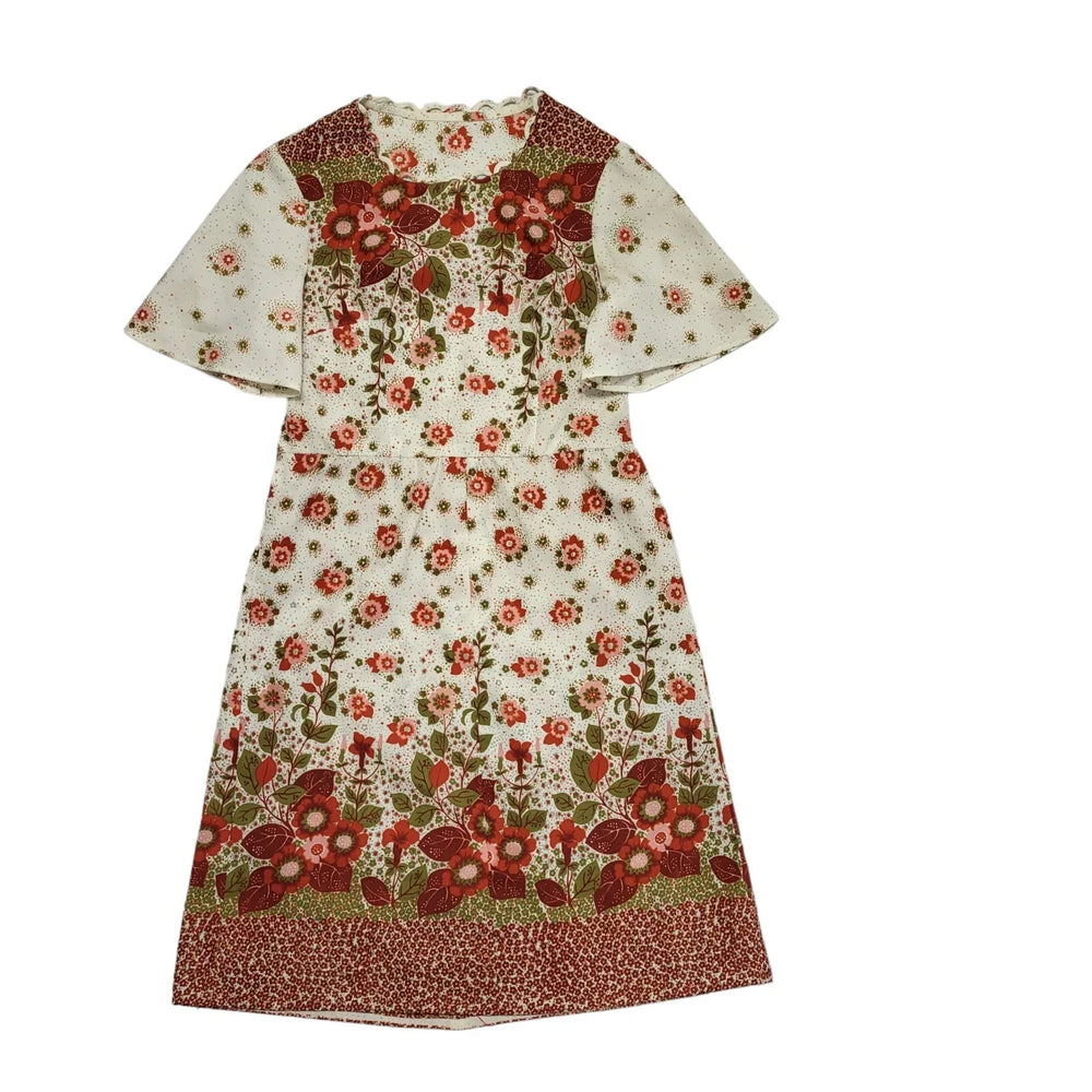 70s Vintage White Pink Green Floral Fit & Flare Daywear Dress Women's 12