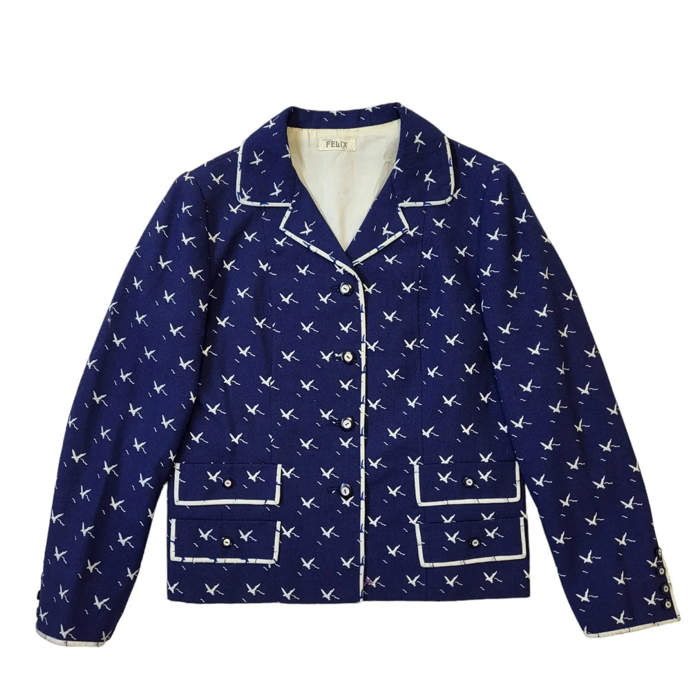 Felix 60s Vintage Blue & White Birds Button Up Women's Jacket Size 10