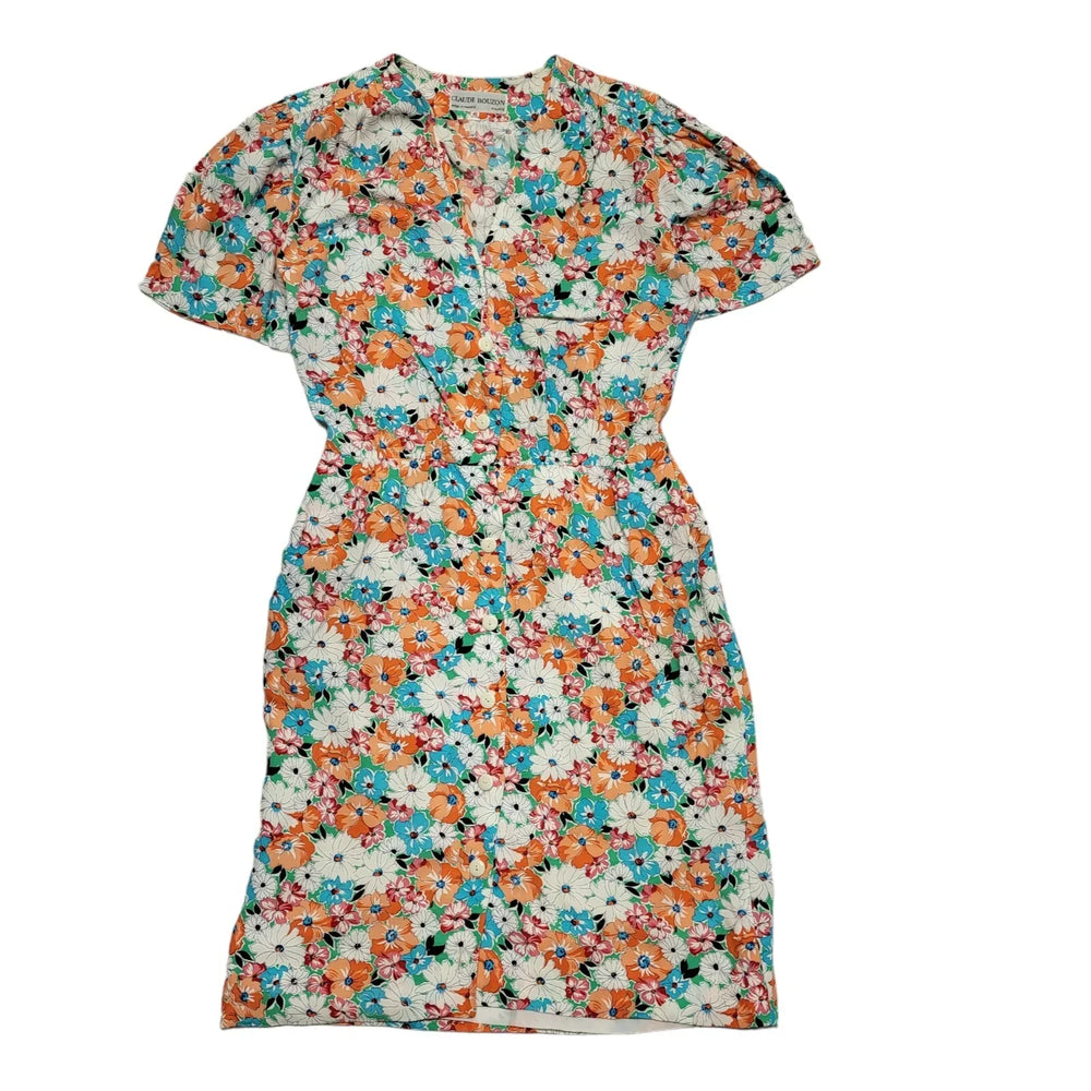 70s Vintage Claude Bouzon Orange Floral Pencil Buttoned Dress Women's 12