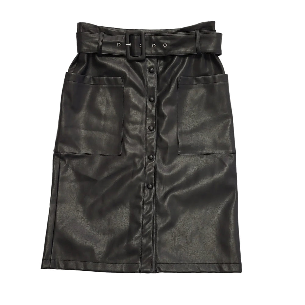 Vila Black Leather Look Belted Snap Button Skirt Womens UK Size 8 W26 CC39