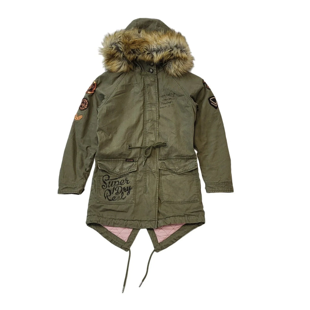 Superdry The Rookie Green Hooded Fish Tail Parka Coat UK Women's 8 G685