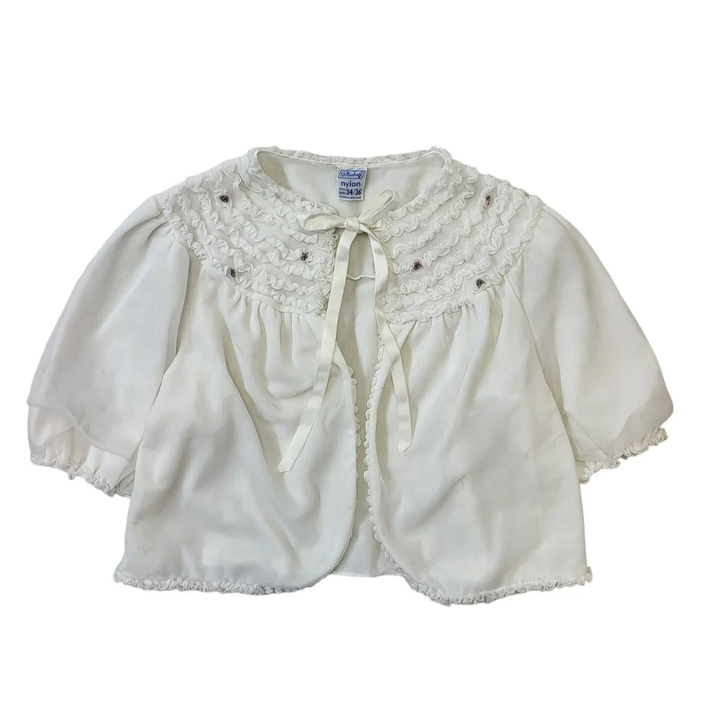 St Michael M&S 60s Vintage White Cropped Ruffle Night Jacket Women's Size S/M