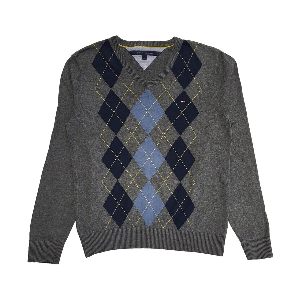 Tommy Hilfiger V-Neck Jumper Argyle Grey Blue UK Men's M EU 50 L121