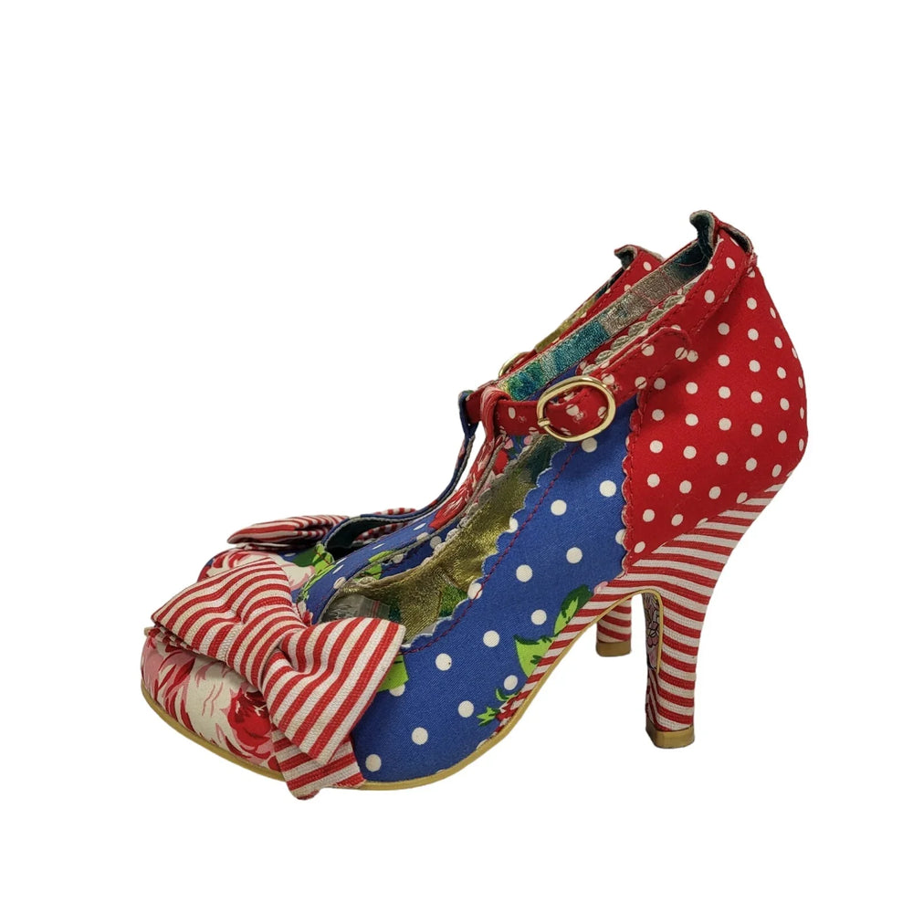 Vintage style Red Blue Floral T-bar Heels Shoes Uk 4 Eu 36
