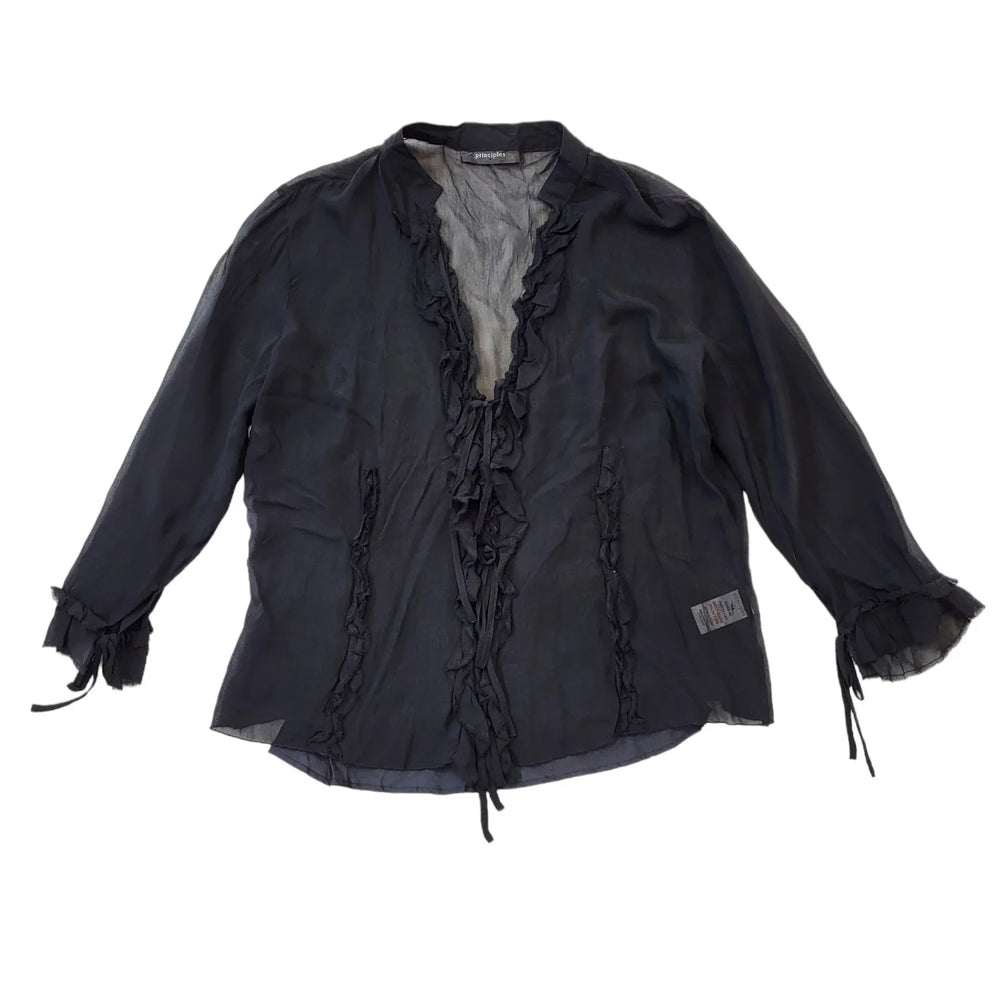 Principles Y2K Black Sheer Tie Front Ruffle Blouse Women's 14