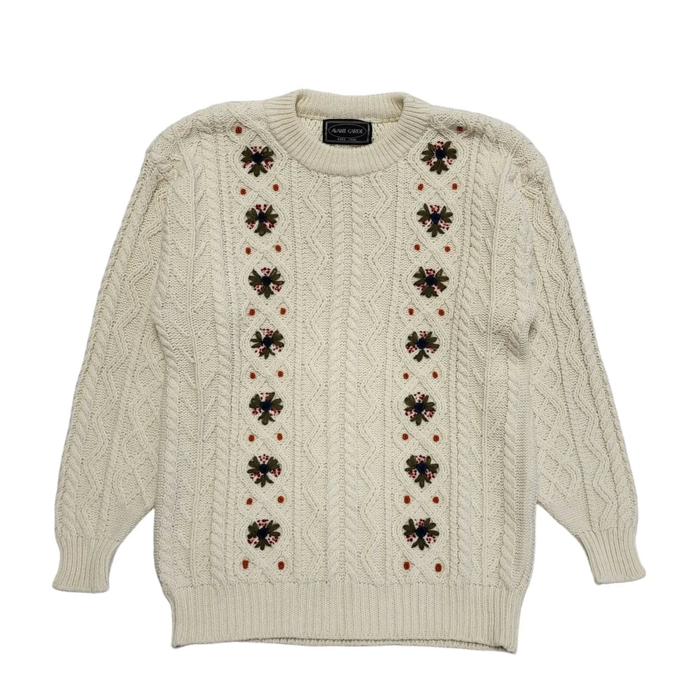 Avant Garde Vintage 90's Cream Green Floral Knitted Jumper Uk Women's UK 14-16