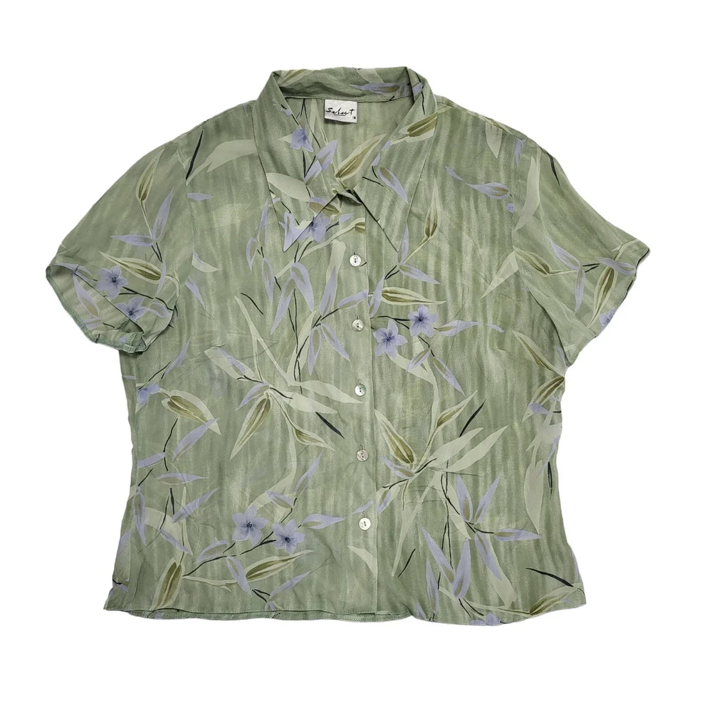 Select 90's Green & Blue Floral Short Sleeve Blouse Womens UK Size 16
