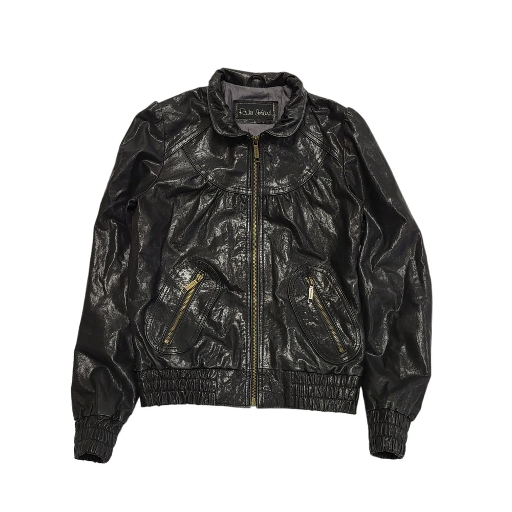 River Island Black Zipped Leather Collared Jacket Uk Women's Size 8 CC642