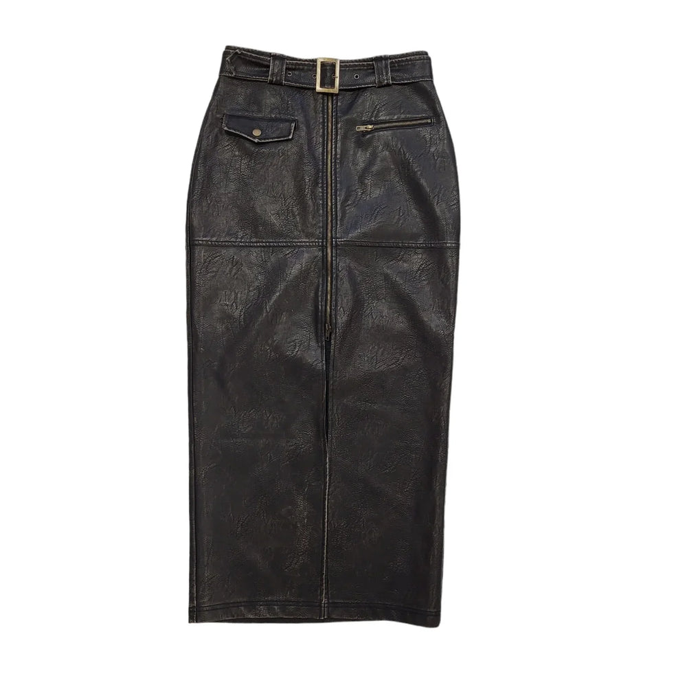 Tudor Knight Y2K Faux Leather Zip Belted Slit Skirt Womens UK Size 10 W28