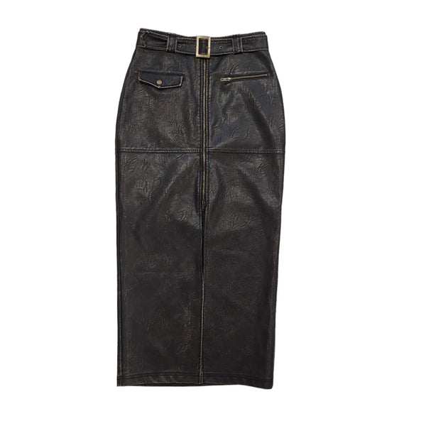 Tudor Knight Y2K Faux Leather Zip Belted Slit Skirt Womens UK Size 10 W28