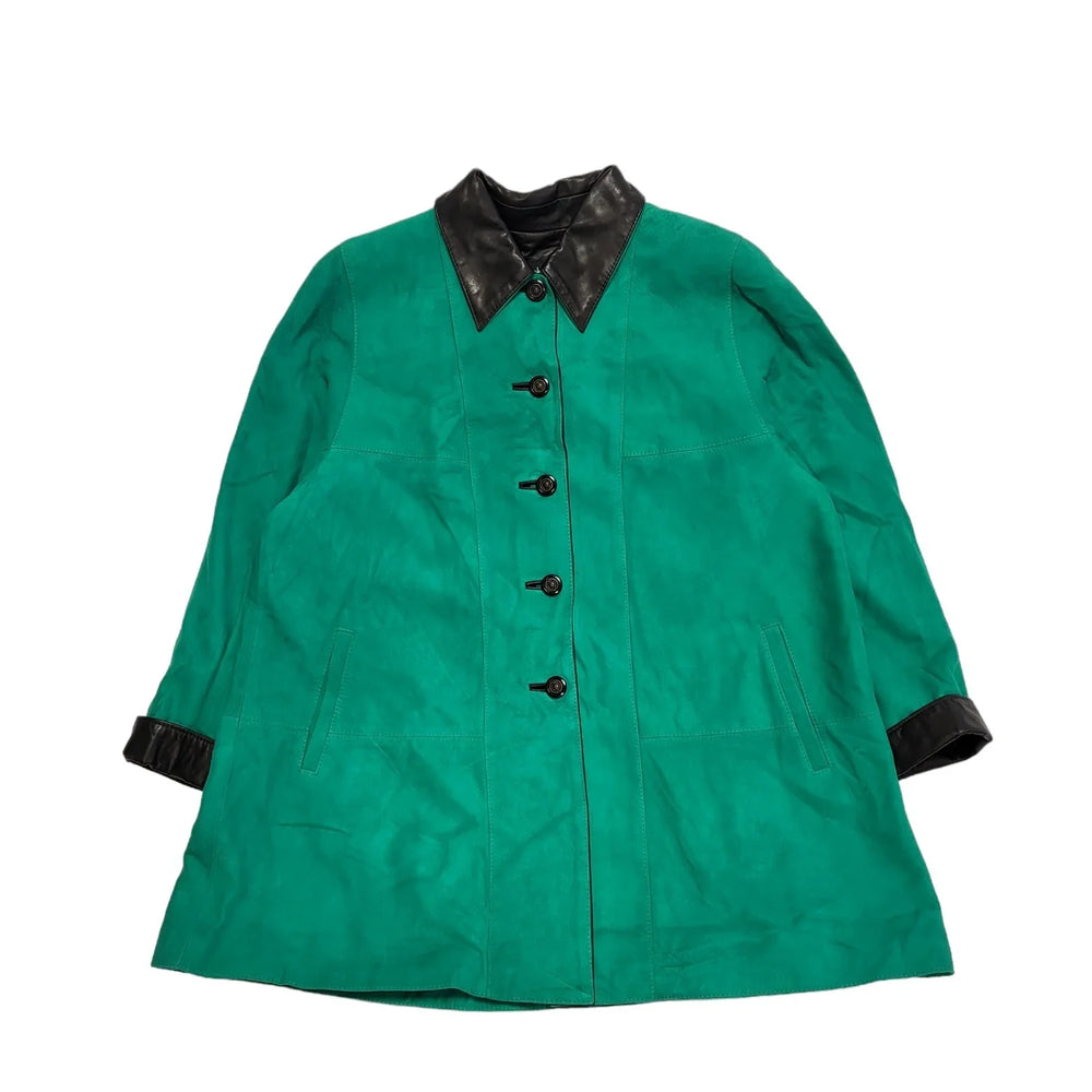 Caroline Moore Green Black Trim Suede Leather Coat Mac Women's  uk 12 H390