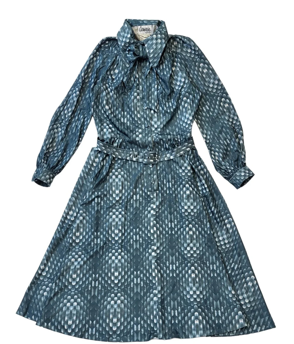 Carnegie 70s Vintage Green Collared Belted A-Line Dress Women's Size 10