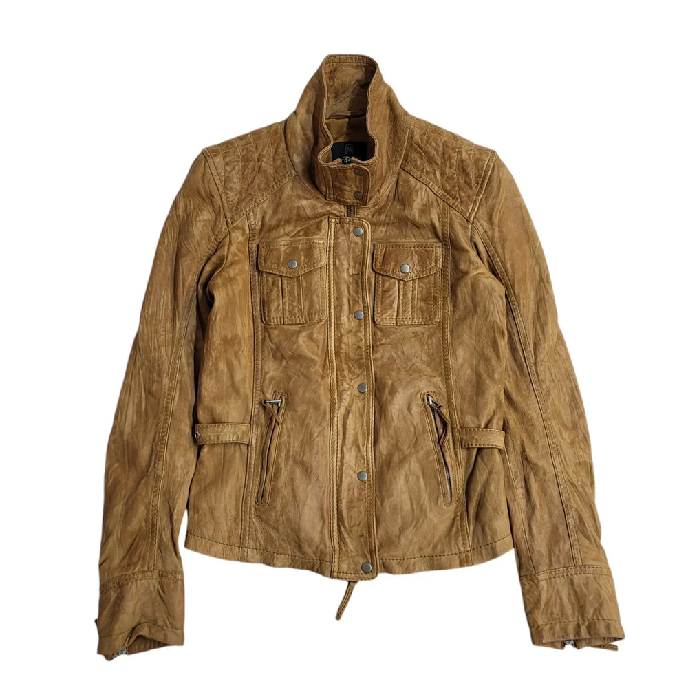 Madeleine Brown Zip & Snap Leather Jacket Uk Women's Size 8 EE901