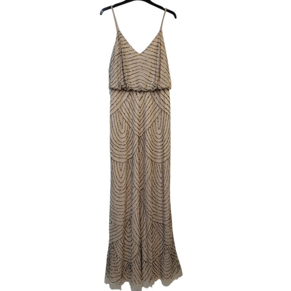Adrianna Papell Beige Beaded Evening Maxi Dress BNWT Uk L 12 RRP £250 L786