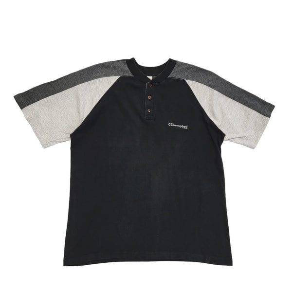 Chamipion Vintage 90s Grey & Black Henley Short Sleeve T-Shirt Mens UK Size XL