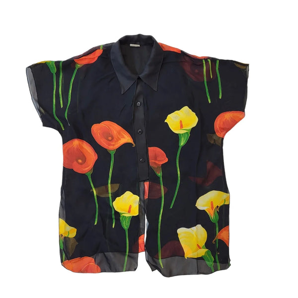 90s Vintage Black, Red & Yellow Floral Short Sleeve Blouse Women's L 12-14
