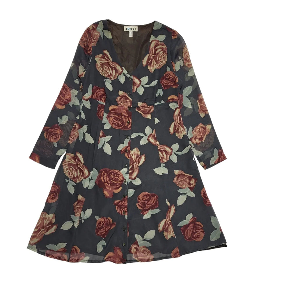 Toffs Vintage 80's Blue & Red Button Front Floral A-Line Dress Womens UK 14