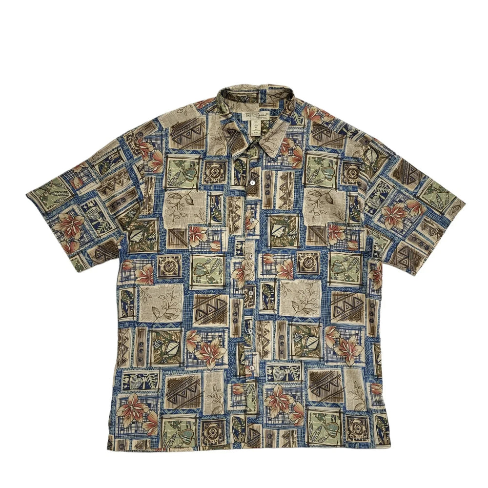 Tori Richard Vintage 90's Beige Blue Abstract Short Sleeve Shirt Men's UK XL