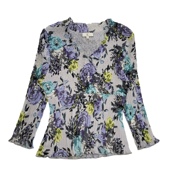 CC Vintage 90's Grey & Purple Floral 3/4 Sleeve Crinkled Top Womens UK Size S