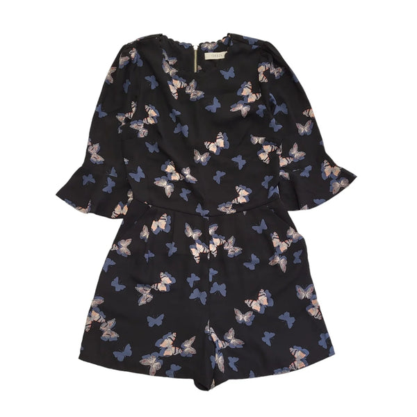 Oasis Black & Blue Butterflies 3/4 Sleeve Playsuit Uk Women's Size 8 Bnwt DD118