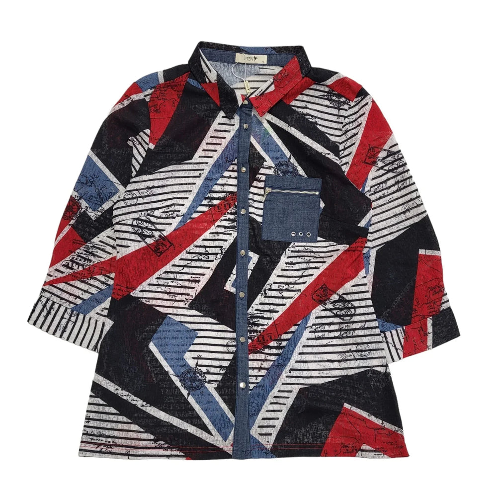 Eten Blue Red Button Up L/Sleeve Sheer Blouse Women's Shirt BNWT  UK XL H384