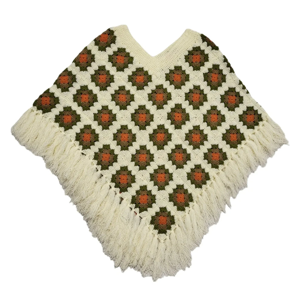 Crochet By Hand White Green Wool Shawl Uk Women's Size Large