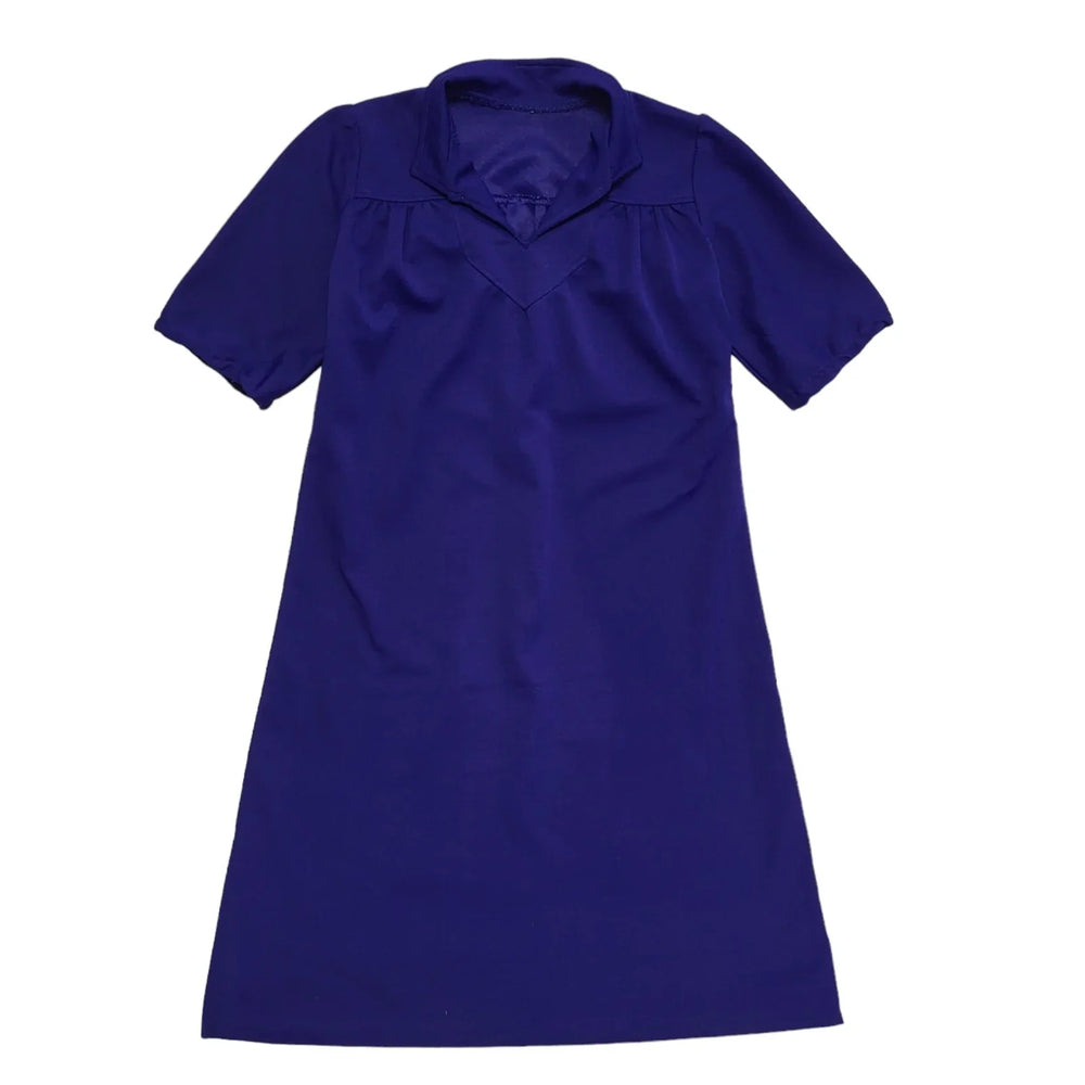 70s Vintage Blue Collared Short Sleeve Shift Dress Women's 14
