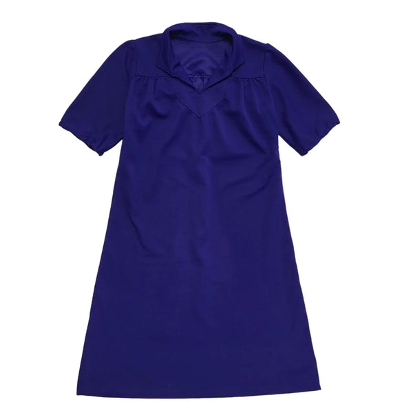 70s Vintage Blue Collared Short Sleeve Shift Dress Women's 14