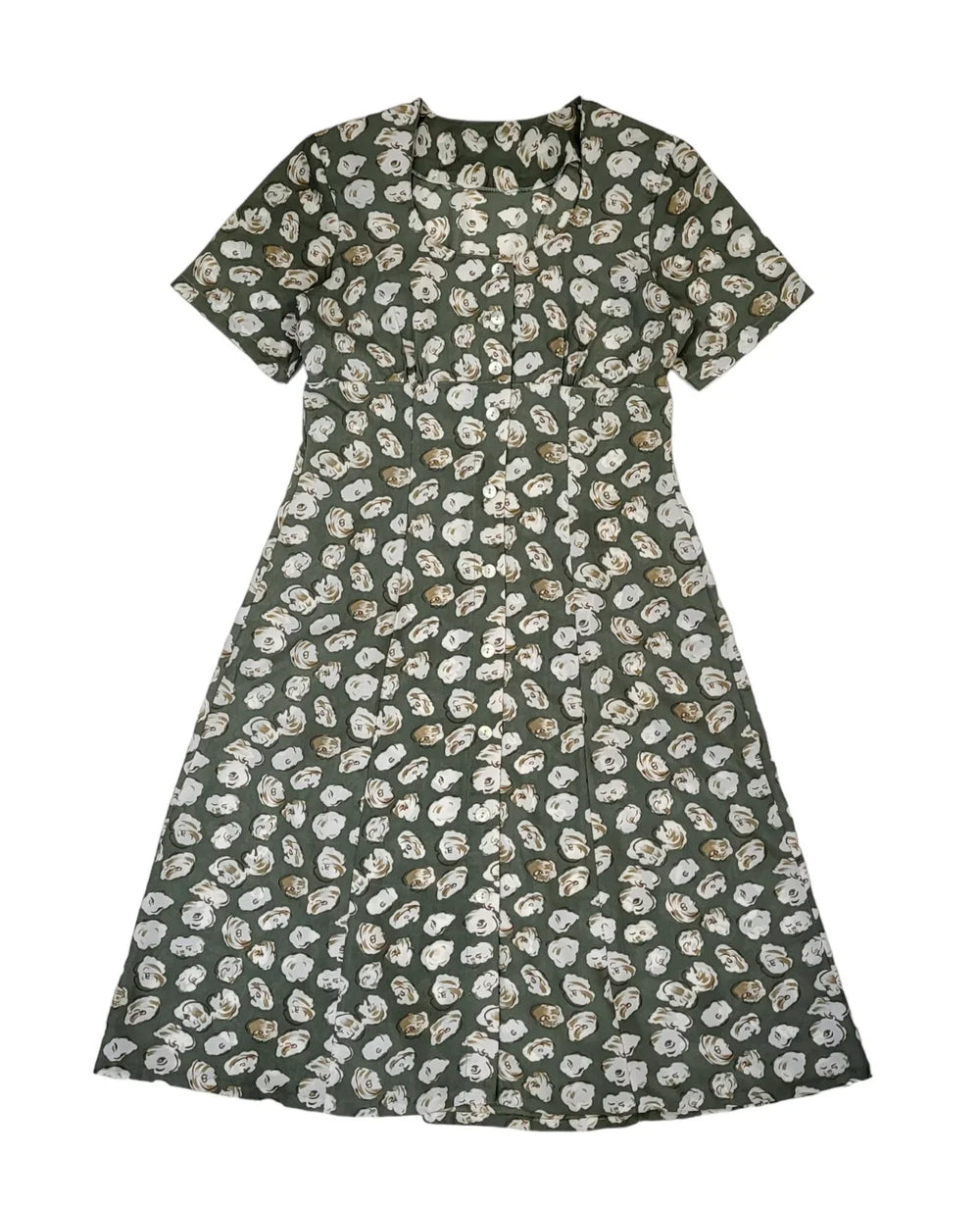 90s Vintage Green Patterned Buttoned Daywear Dress Women's Size 12