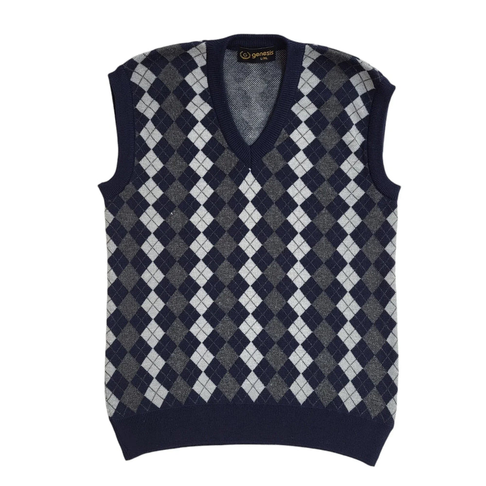 Genesis Vintage 90's Blue White Argyle/Diamond Tank Top UK Men's Size L/XL