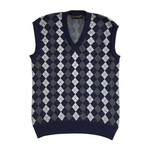 Genesis Vintage 90's Blue White Argyle/Diamond Tank Top UK Men's Size L/XL