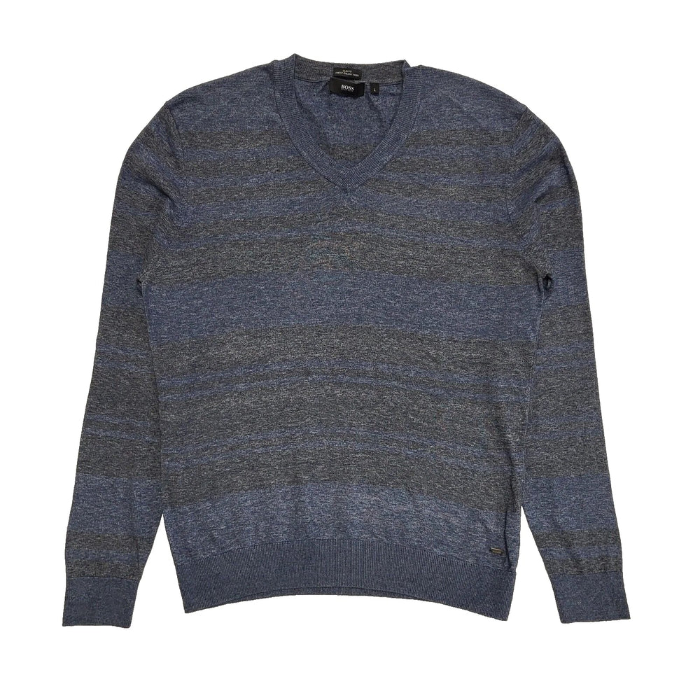 Hugo Boss Grey & Blue Striped V-Neck Jumper Uk Men's Size Large L614