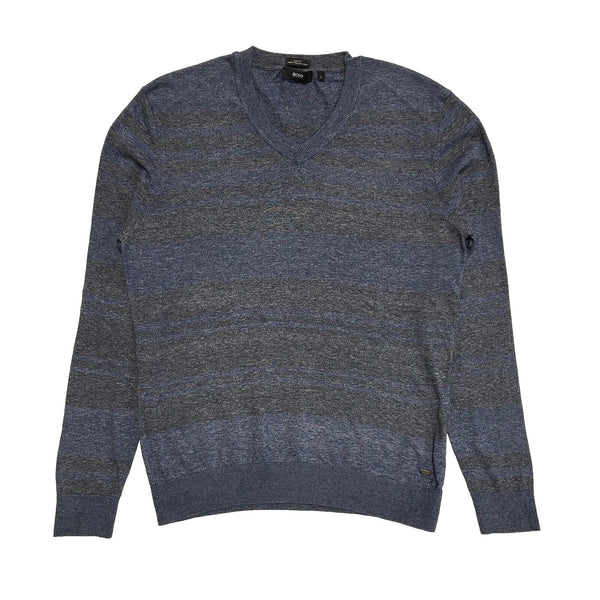 Hugo Boss Grey & Blue Striped V-Neck Jumper Uk Men's Size Large L614