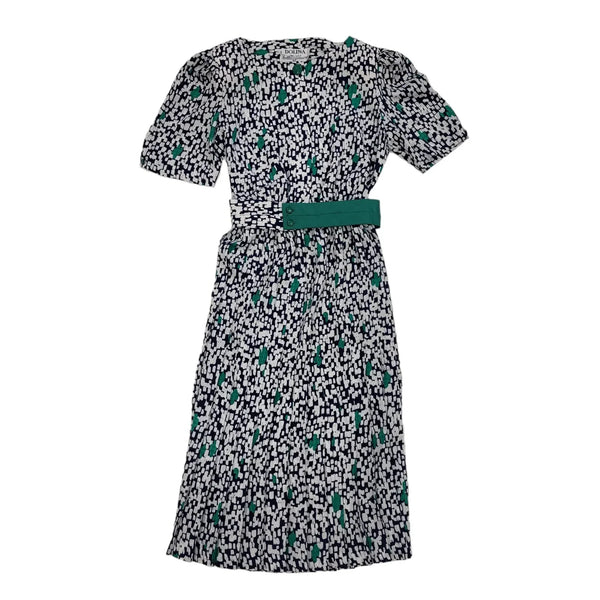 Dollina 80s Vintage Patterned Navy & White Belted Daywear Dress Women's 12