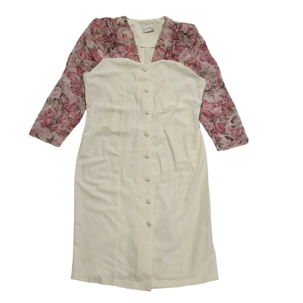 Vintage 80's Cream Pink Floral Daywear Dress Uk Women's Size 16