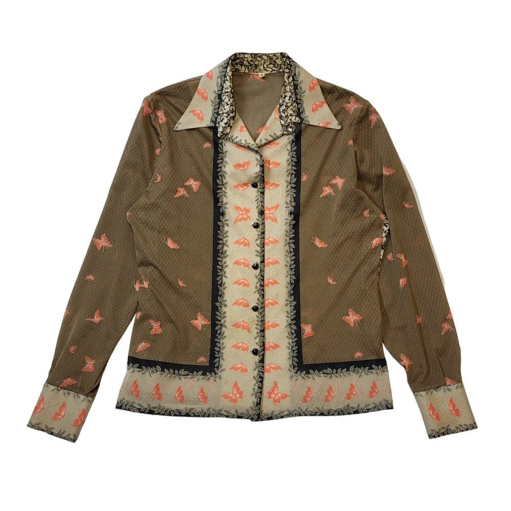 70s Vintage Brown & Tan Butterfly Blouse Women's Size 12